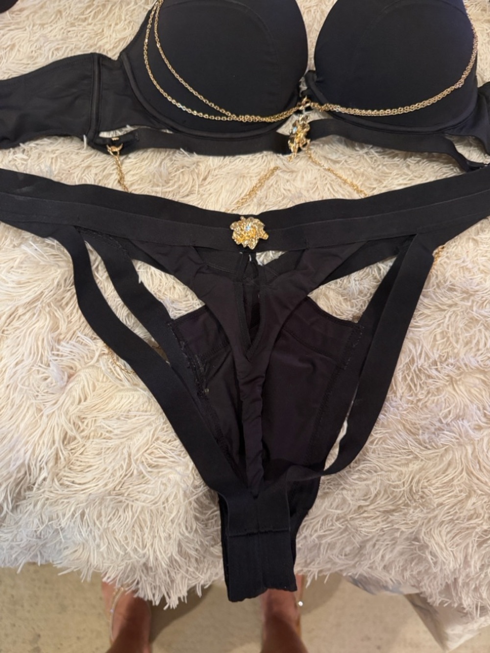 Honey Birdette 38D and XL thong. Black Lingerie Set with Gold Chain Accents - Picture 3 of 6